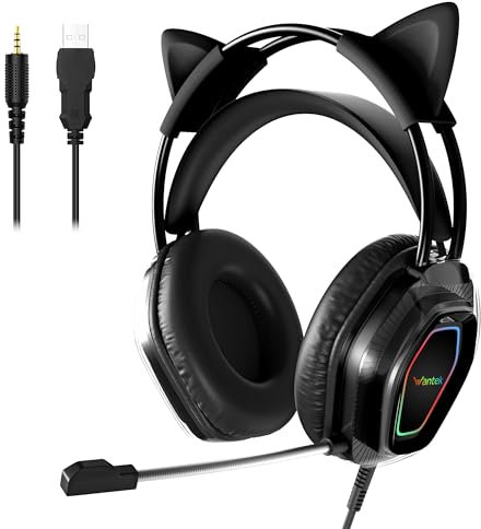 Auriculares Gaming Wantak con Micrófono – Orejas de Gato (Conexión 3.5mm/USB) – Cascos para PC/PS5/Xbox – Cancelación de Ruido, Sonido HiFi 20-20.000Hz – Ligero y Cómodo para Chicas (Negro)