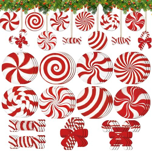36PCS Christmas Wooden Candy Ornaments Candy Cane Hanging Decor for Christmas Tree Red and White Peppermint Lollipop Wood Hanging Pendants for Xmas Holiday New Year Party Decorations
