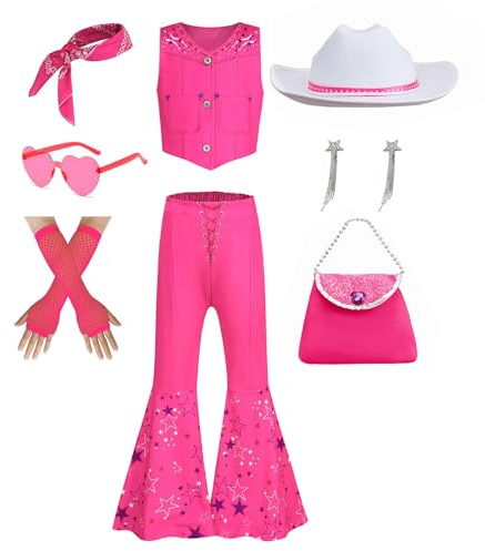 MESOQUE Cow Girls Costume with Accessory Halloween Carnival Apparel Role Play Party Movie Clothing 7PCS Set (7-8T)