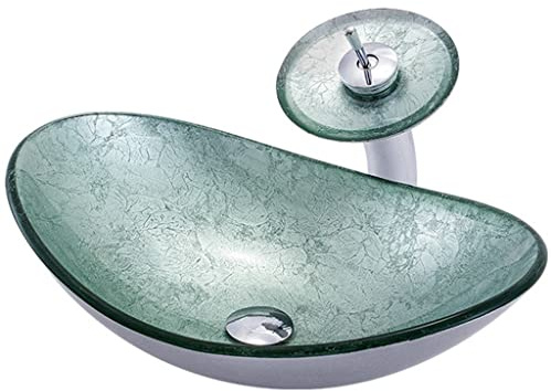 PUFAHAU Lavabo De Baño De Vidrio Templado con Diseño Ovalado, Encimera De Tocador, Grifo De Cascada Y Desagüe Emergente.