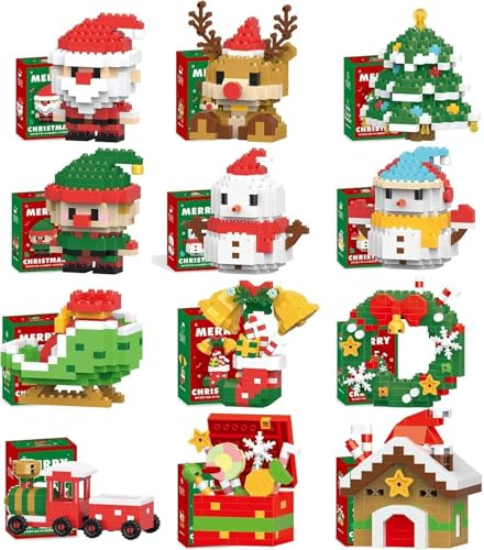 Christmas Building Block Set, Santa Claus, Snowman, Christmas Tree Design Building Blocks, Mini Xmas Theme Building Figures, DIY Stocking Stuffers, Xmas Gifts, Party Favors (12 Set)