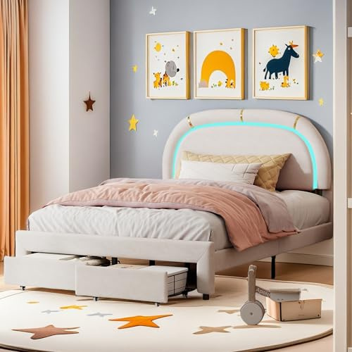 FEEOHOME Lit Enfant Fille 140x200, lit 2 Places pour Enfants avec 2 tiroirs et LED, lit Double Rembourré, Cadre de Lits avec sommier à Lattes Adolescents, Velours Beige