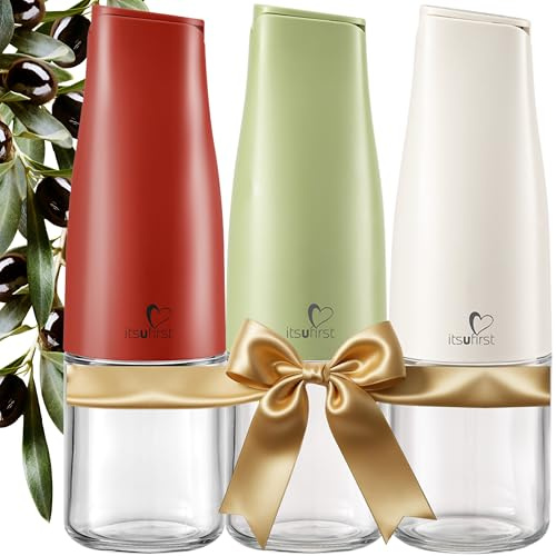 itsufirst® Olive Oil & Vinegar Dispenser Set - 3x500ml Auto Flip Non-Drip Non-Spill Glass Pourers, Leakproof Oil Bottles for Kitchen, Vinegar Drizzler for Cooking, (EarthyRed+Off-White+Green) Set Of 3