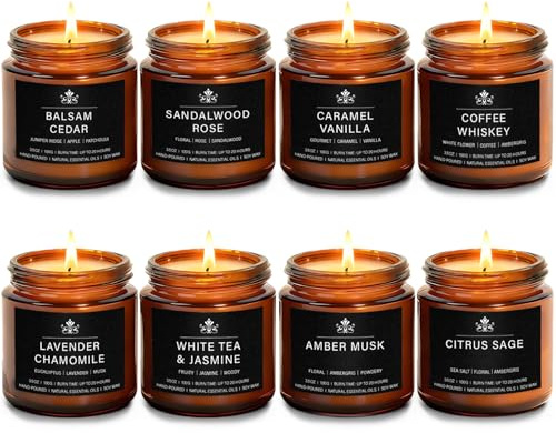 8 Pack Soy Wax Scented Candle Set - Lavender Chamomile, Citrus Sage, Amber Musk, Balsam Cedar, Coffee Whiskey - Long Lasting Aromatherapy Candles, Unisex Home & Gift Set