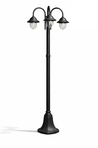 damastoreitalia Lampione da Giardino 3 Luci E27 IP54 in Alluminio Nero, Palo Esterno Classico con Diffusori in Policarbonato, Stile Vintage per Vialetto e Cortile (Nero)