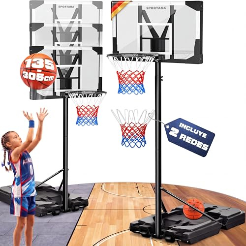 SPORTANA® Canestro Basket da Esterno Regolabile 135–305cm Base Riempibile 60 kg Canestro per Pallacanestro con Ruote Struttura Stabile Resistente alle Intemperie Anello Ø45 cm per Bambini e Adulti