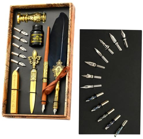 Vintage Quill Pen Set | Antik fjäderpenna för att skriva | Dipppenna | förseglingsvax, sigillstämpel, kuvertverktyg, bästa presentsats för att skriva, rita, signaturer