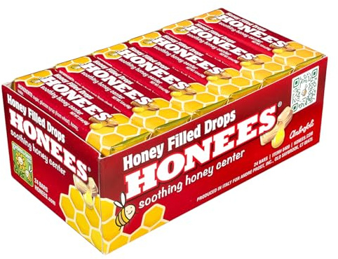 Honees Honey Filled Drops, Honey Cough Drops with Real Honey-Natural Sore Throat Relief-Nothing Artificial-Throat Coat Lozenges, Natural Cough Suppressant, Non-GMO (24 Pack – 216 Drops)