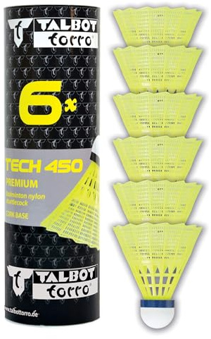 Talbot Torro Badminton Ball Tech 450, 6er Dose, Farbe: Gelb, Geschwindigkeit: Blau/Mittel, Premium-Nylonfederball, Federball Shuttle, Nylonshuttles, für Indoor & Outdoor Federball & Badminton
