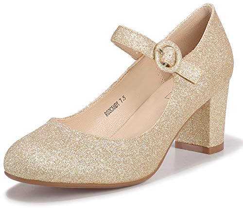 IDIFU Women's Candy Dress Mary Jane Shoes Low Block Heels Closed Round Toe Office Work Church Wedding Pumps(Gold Glitter, 8.5)