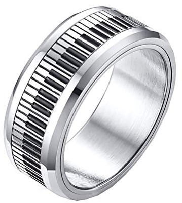 OAKKY 8mm Noir et Blanc Piano Clés Rotatif Chanceux Motard Bague Homme Acier Inoxydable Anxiété Inquiéter Musical Style Band Taille 62