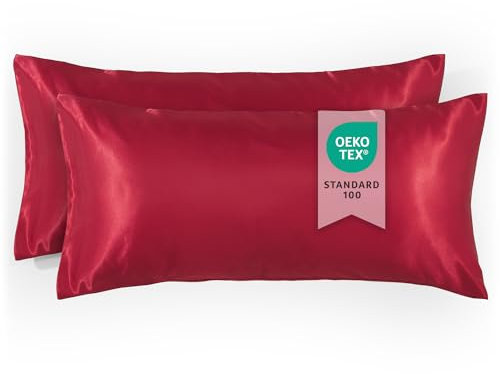 Blumtal 2er Set Satin Kissenbezug 50 x 70cm - Kopfkissenbezug Oeko-tex Zertifiziert, Antistatisch für Haar und Haut, Kissenhülle mit verstecktem Reißverschluss, Rojo