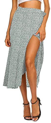 Summer Skirts for Women Beach Long Wrap Around Floral Midi Skirt with Slit (L, T-Ligth Green)