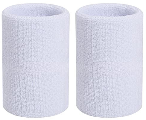Handgelenk-Schweißband – 10 cm (4 Zoll) Sport-Armbänder, elastische Sport-Armbänder, Dicke Cotto-Armbänder für Gymnastik, Basketball, Tennis, Fußball (1 Paar) (Blau) (White)
