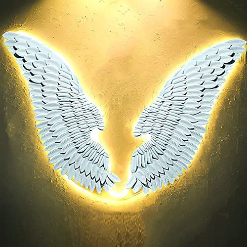 Decorazione murale artistica con ali d'angelo in metallo, sculture in bassorilievo bianche, scultura murale realistica in stile vintage 3-D, con illuminazione-set di 2 pezzi (dimensioni : 11