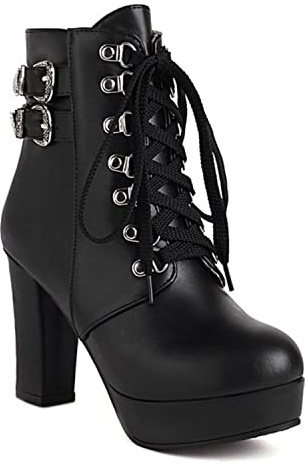 bbruriy Högklackade stövlar för kvinnor, damer Chunky Heel platåstövlar klackar sexig rund tå lace up höga klackar mid stövlar höst vinter mode klänning sko stor storlek 32–48