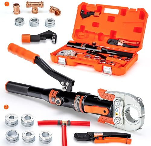 Purseter Copper Tube Fittings Hydraulic Pipe Crimping Tool with 1/2 inch,3/4 inch and 1 inch Jaw Copper Pipe Press Crimpers Pressing Pliers,Suit for Tee Fitting and Narrow Space (HT-1950-3-CZY)