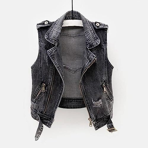 BINDT Chaleco de Mezclilla sin Mangas para Mujer, Talla Grande S-5XL Punk Negro Rasgado, Lavado Jeans Zip Vendaje Corto, Gris, XL
