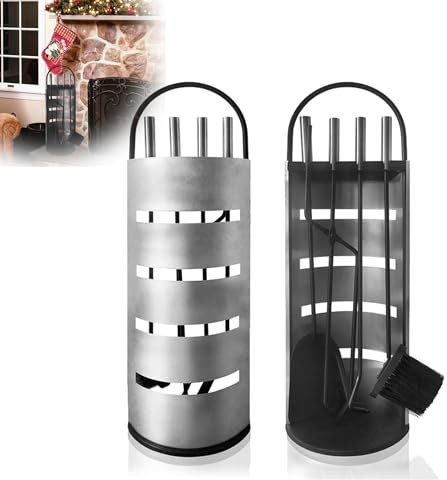 Yznahre Edelstahl Kaminbesteck Set 5 TLG, Modern Kamingarnitur Kaminwerkzeug mit Ständer, Besen, Zange, Schürhaken, Ascheschaufe, Silber
