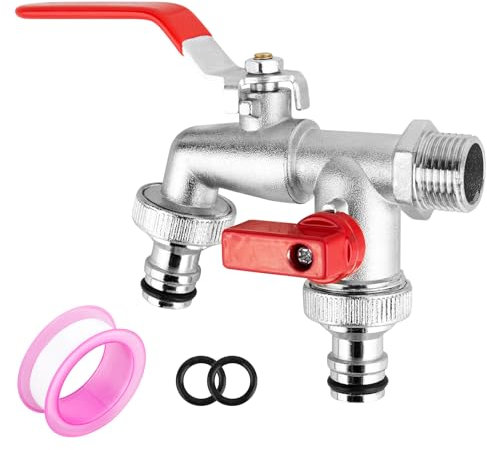 ‎DMJJSD Robinet Double Sortie Robinet de Jardin 3/4'' Pouce Robinet d'eau en Laiton Double de Qualité Supérieure, Résistant à la Rouille et au Gel Pour Jardin, Machine à Laver, Baril de Pluie