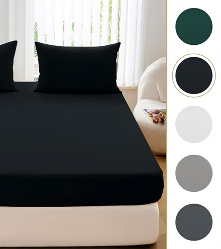 Cotton Market Spannbettlaken 90x200x25 cm - Bettlaken mit Gummiband - Spannbetttücher für Schlafzimmer - Jersey Bettlaken - Baumwolle Spannbettlaken - Schwarz