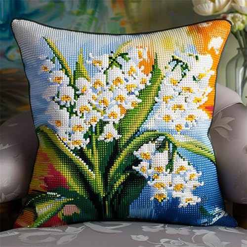 kitphoenix Cuscino da Ricamare Punto Croce Fiore Kit 45x45cm Prestampato Set Fai da Te Con Ago e Filo da Ricamo