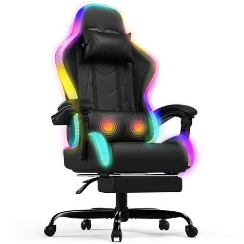 Devoko LED Gaming Chair with Footrest – Ergonomic Reclining Game Chair for Adults with Massage Lumbar Cushion, RGB Lights, High Back, Adjustable PC Gamer Chair, Black