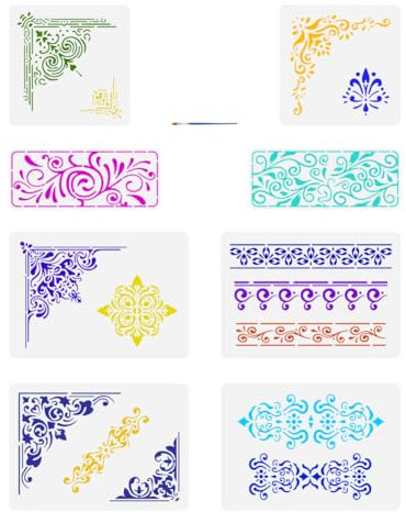 FINGERINSPIRE 8Pcs Pochoir de Dessin D'Angle de Bordure Marocaine Avec Pinceau 3 Tailles Modèle Peinture de Carrelage de Sol Mandala Pochoir de Vigne Fleur de Clé Grecque pour Bois Mur Tissu Meubles