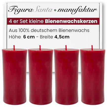 Figura Santa 4 Bienenwachskerzen rot kleine Stumpenkerzen aus 100% Bienenwachs Adventskerzen Weihnachtskerzen Honigkerzen 4er Set 60/45mm Docht Biobaumwolle