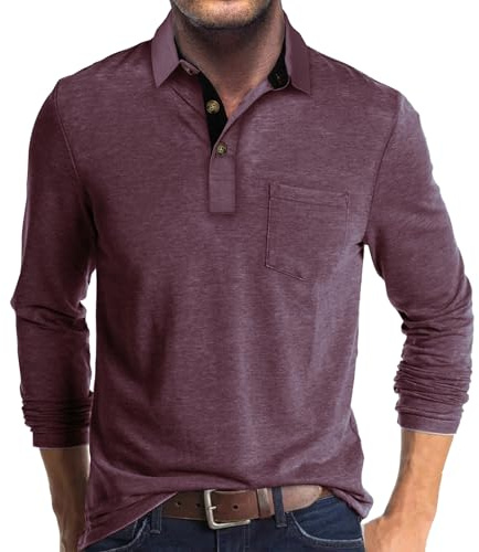 Zetieny Polotröja för män Henley T-shirts långärmad golftopp med krage normal passform klassisk polo med ficka