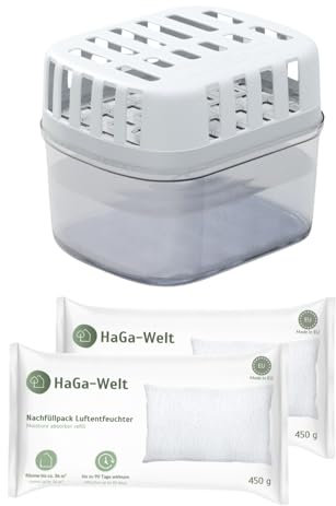 HaGa® Déshumidificateur Boîte de granulés - Déshumidificateur sans électricité pour un climat intérieur sain jusqu'à 36 m² - Avec 2 recharges de coussins en granulés de chlorure de calcium -