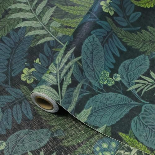 ConCus-T Tropical Botanical Wallpaper Leaf Flower Wall Paper with Butterfly Vintage Black Background Textured Sticky Back Vinyl Self Adhesive Contact Paper Peel and Stick, 44.5 x 300CM
