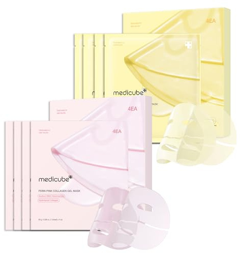 medicube Color-Changing Jelly Mask Set For Uneven Skin Tone & Radiant Glow: Salmon DNA PDRN pink collagen jelly gel mask (4ea) and Kojic Acid Turmeric Brightening Gold Jelly Gel Mask (4ea)
