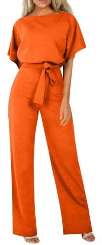 HOOUDO Ladies Jumpsuits Petite Summer Short Sleeve Playsuits Ladies Plain Casual Wide Leg Pant Belted Romper Formal Wedding Overalls Baggy One Piece Outfits Dungarees My Orders Orange