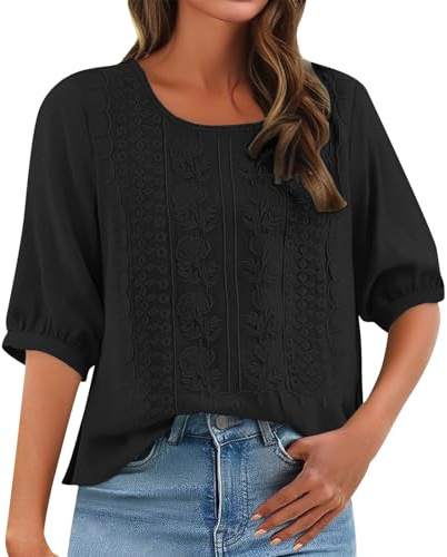 Camicia da donna a maniche 3/4, con ricamo a tunica cinese, tradizionale, elegante, tinta unita, estiva, a maniche lunghe, casual, in lino, leggera