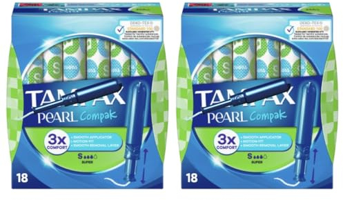 Compact Pearl-Style Super Tampons with Applicator – 18 Count per Box, Pack of 2 (36 Total), Smooth Comfort Fit