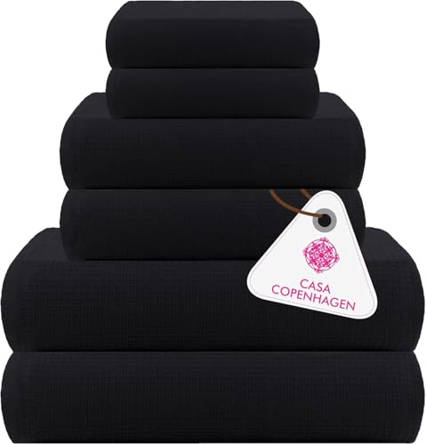 Casa Copenhagen Waffle Juego Toallas de Rizo 6 Piezas, de algodón, extragrandes, Lujo, Negro, 2 de baño 70x140 cm, 2 Toallas de Mano Grandes 50x80 cm y 2 toallitas faciales Grandes 40x40 cm.