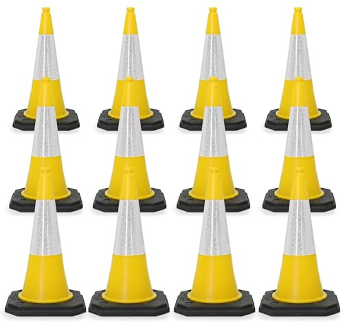 Street Solutions UK Yellow Traffic Cones 750mm Pack of 12 - Heavy Duty Road Cones Large, Wind Resistant High Reflectivity No Parking Cones