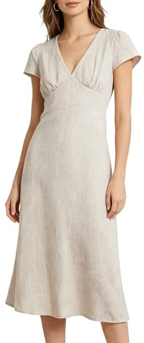 Amazhiyu Vestido de lino para mujer, de lino, de verano, manga corta, cuello de pico, vestido maxi, vestido de verano, vestido maxi, vestido de playa, vestido largo para el tiempo libre, con cinturón
