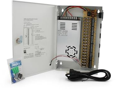 ARES Vision 18 Channel CCTV Power Supply Box 12V 20A – High Capacity Power Distribution Box for Security Cameras, Lockable Metal Enclosure with Fused Outputs. Includes Extra Fuses & Screw Driver