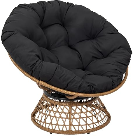 HOME DECO FACTORY - HD7235 Fauteuil Pivotant Extérieur 1 Place, Chaise Relax Ronde 360°, Coussin Épais Confortable, Mobilier Jardin Balcon Terrasse, 87x98x82 cm, Noir - Naturel