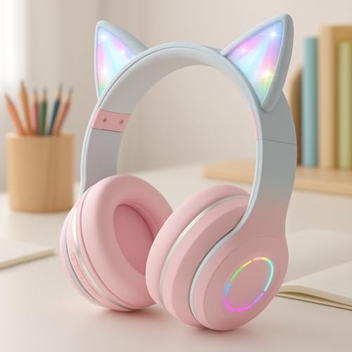 OHAANYY Auriculares para Niños Inalámbricos con Luz LED, Auriculares de Diademacon Orejas de Gato para Niñas, Bluetooth Plegables Auriculare con Micrófono para TV Regalo para Cumpleaños/Navidad (2)