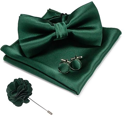 JEMYGINS Herren Fliege Satin Dunkelgrün (6) Fliege und Einstecktuch mit Manschettenknöpfe Brustblume Sets