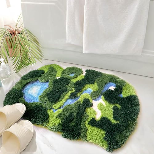 THRILRUG 52×88cm Moss Fluffy Rug,Funny Bath,Mat Rugs Runner for Bedside Dorm Bedroom Hallways Shag Leaf Area Rugs Non Slip,Ultra Soft Washable Kids Pets Carpet for Bedroom,Living Room Forest Green