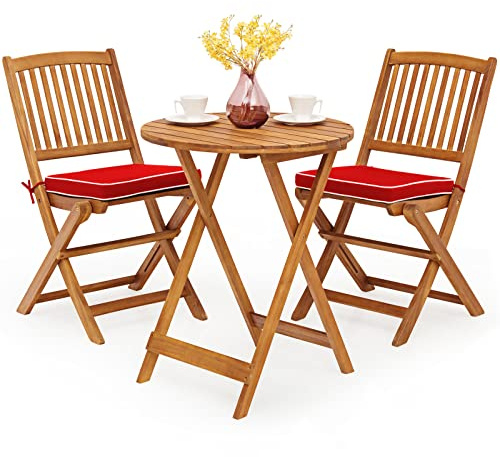 GIANTEX Salon de Jardin 2 Personnes en Bois d'Acacia, Table de Jardin Extérieur avec Chaise Plaintes, 2 Coussins Amovibles, pour Terrasse, Balcon, Bistrot (Rouge + Naturel)