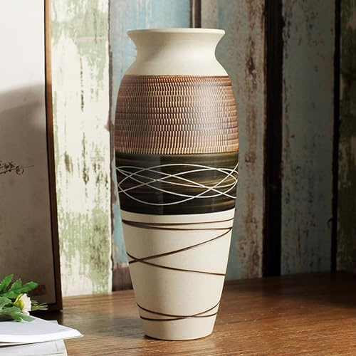Ceramic Rustic Farmhouse Vase, 12.6 Large Vintage Flower vase for Home Decor, Tall Boho Textured Vases for Living Room, Table, Mantel, Shelf and Centerpieces Decor and Housewarming