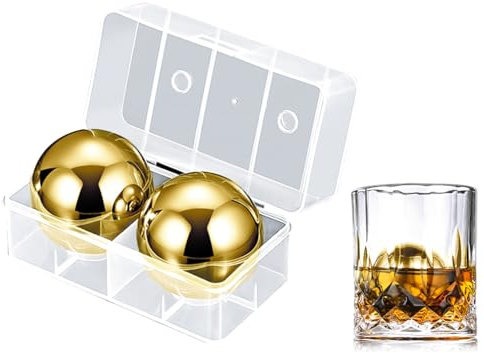 Kellegour 2 Stück Wiederverwendbare Edelstahl Eiswürfel Round,Edelstahl Whiskey Steine,Metall Kühlsteine,Whiskey Ice Cubes,Bar Zubehör Für Wein,Wodka,Likör,Getränkesaft oder Limonade,Golden