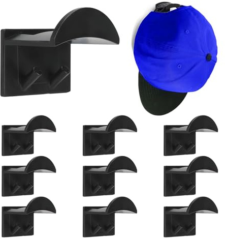 Kasoud Adhesive Hat Hooks for Wall Mounted, 10 PCS Hat Storage for Baseball Caps, Baseball Caps Hat Holder, No Drilling Hat Rack for Wall Mounted Organizer Hangers for Door, Closet, Bedroom (Black)