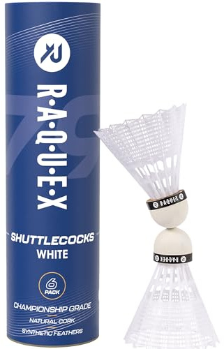 Raquex Volani da Badminton - Piume in Nylon, Tubo di 6 Volani con Testa in Sughero Naturale. Tre Opzioni di velocità, Volani Bianchi o Gialli. per Giocare al Coperto o All'aperto - 79, Bianco