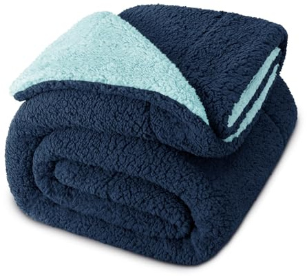 Exclusivo Mezcla vändbar queen size sherpa-filt, tjocka och varma fleecefiltar för vintern, mjuk plysch fluffig för säng, 228 x 228 cm, marinblå/ljusblå